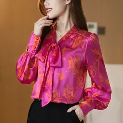 Sweet V-Neck Lace Up Bow Printed Lantern Sleeve Shirt Women's Clothing 2023 Autumn New Oversized Casual Tops Office Lady Blouse