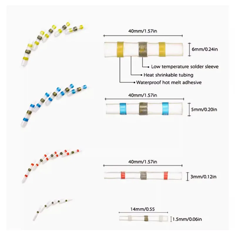 Solda Seal Wire Connectors Kit, Heat Shrink, Butt isolado, automotivo, tubo marinho, 100pcs
