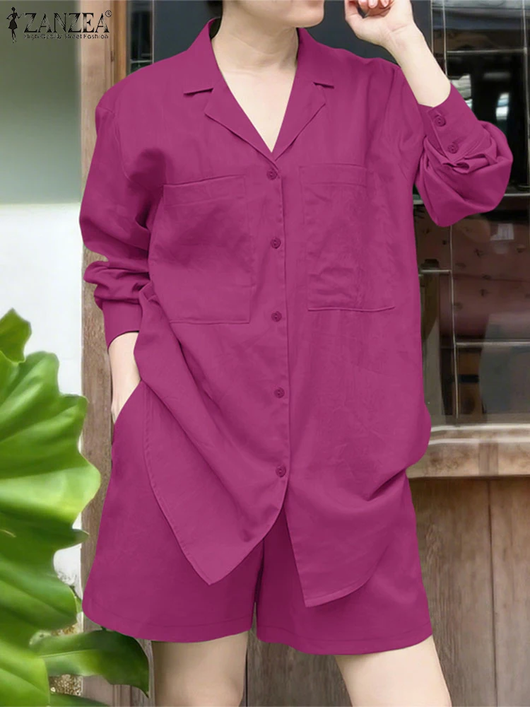 

ZANZEA Женские повседневные комплекты из 2 предметов Летние рубашки с лацканами и длинными рукавами Шорты с эластичной резинкой на талии Костюмы из 2 предметов Свободная повседневная одежда Короткие комплекты