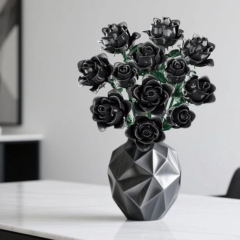 12개의 검은 장미 꽃 블록 세트 성인용 부케 디스플레이 모델 고딕 플로럴 장식 로맨틱 선물 홈 데스크 장식 장난감