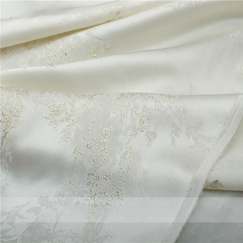 Tela de Seda Blanca Perla con Bordado Tka en Oro y Plata, Satén de Seda para Hanfu, Tradicional Chino