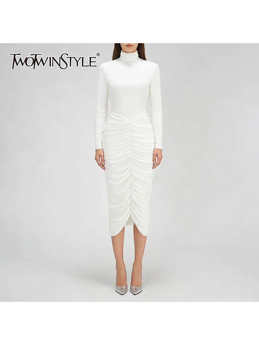 TWOTWINSTYLE, vestidos lisos adelgazantes con temperamento fruncido empalmado para mujer, vestido de cintura alta con cuello alto y mangas largas, nuevo para mujer
