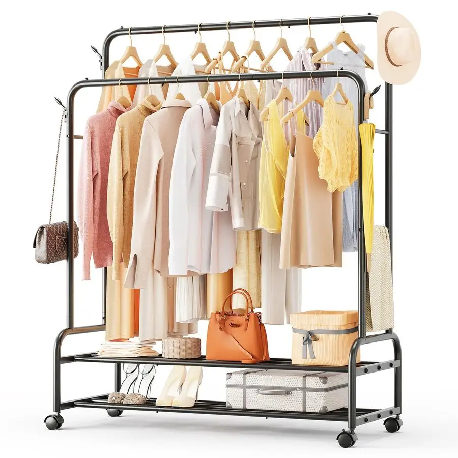 

Double Rods Clothes Rack for Hanging Clothes, Rolling Clothing Rack with Wheels, Freestanding Garment Racks with 2 Shelves for B