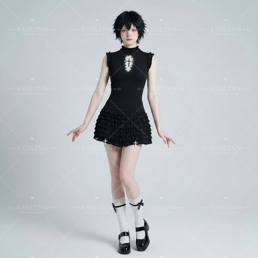 Sweet Gothic Lolita Two Piece Set, Cross Embroidery Hollow Top & Tiered Skort for Photoshoot & Party