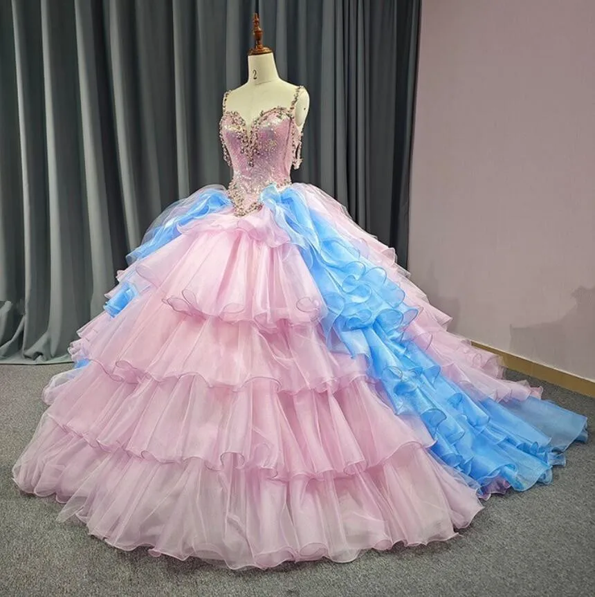 Pink Blue Princess Quinceanera Dresses Sparkly Corset Top Ruffles Skirt vestidos de 15 quinceañera 2024 Sweet 16