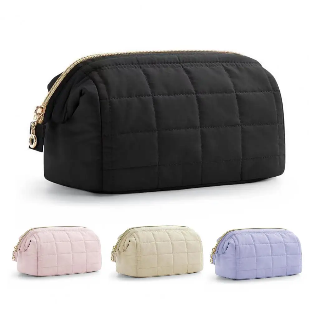 

Lady Cosmetic Bag Wide Opening Fluffy Lining Oblong Shape Toiletry Bag Portable Zipper Closure Handbag Travel Makeup Pouch