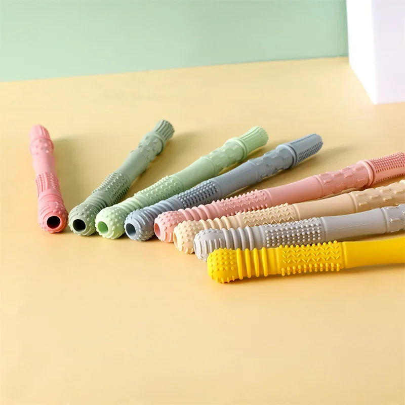 Straw Teether Children's Toy Soft Silicone Hollow Molar Stick Newborn Teething Tube Molar Toy Gift