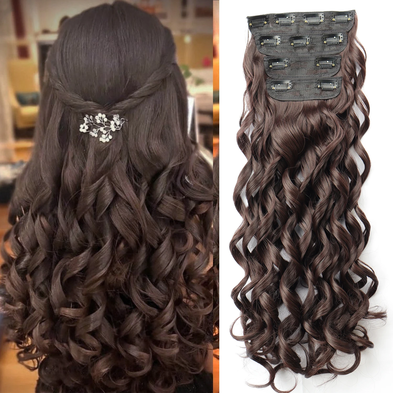 4PCS Clip In Hair Extensions Synthetic 20 Inch Long Bouncy Wavy Hair Extensions Dark Brown Hairpiece for Women Daily Party Use