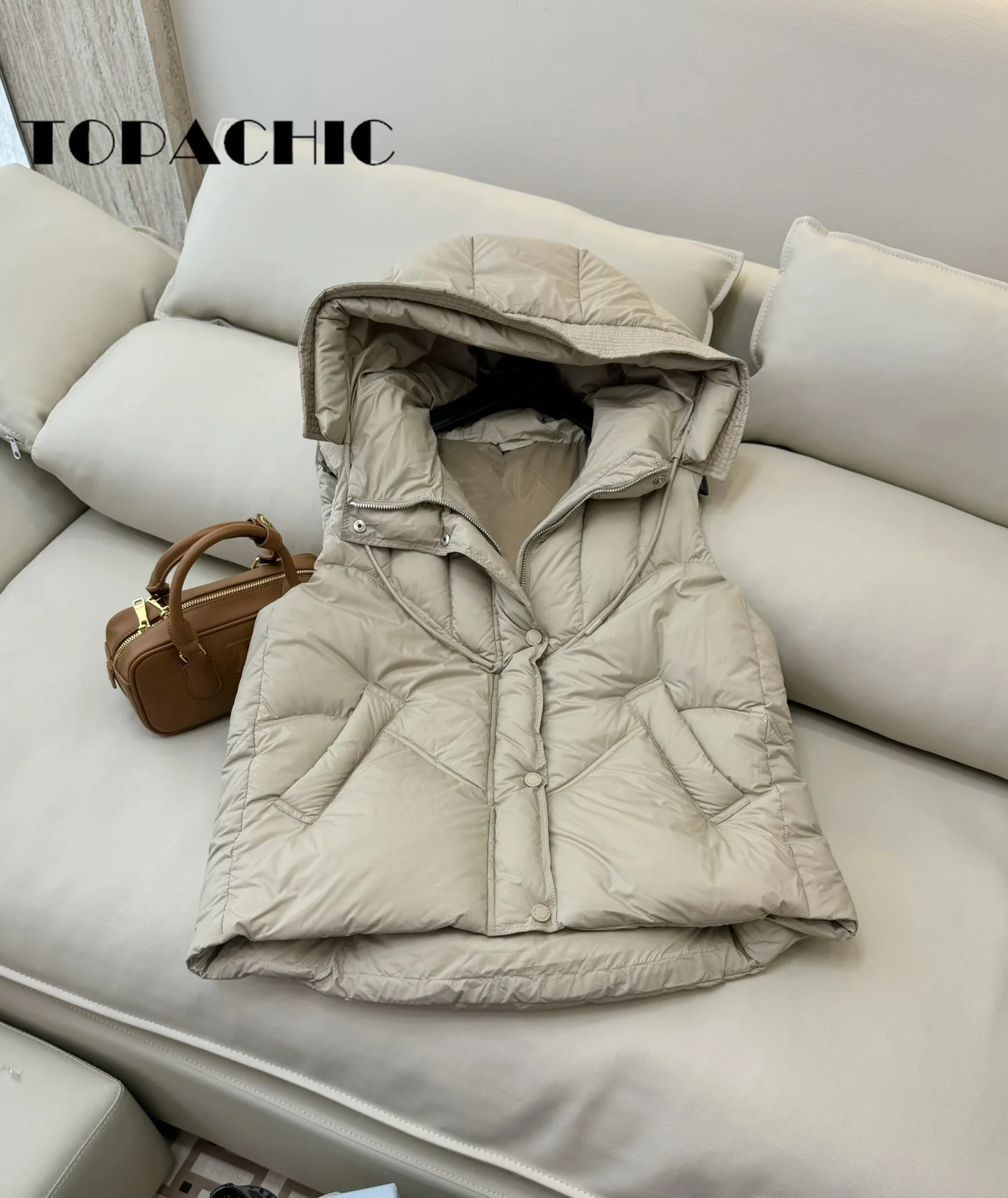 9.4 TOPACHIC Women High Quality White Goose Down Keep Warm Vest Hooded Lace-up Simple Solid Sleeveless Zipper Down Vest Coat