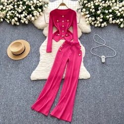 Fashion OL Winter Suits Women Long Sleeves Chic Buttons Pullovers+Elastic Long Pants Vintage Sweater Two Pieces Sets