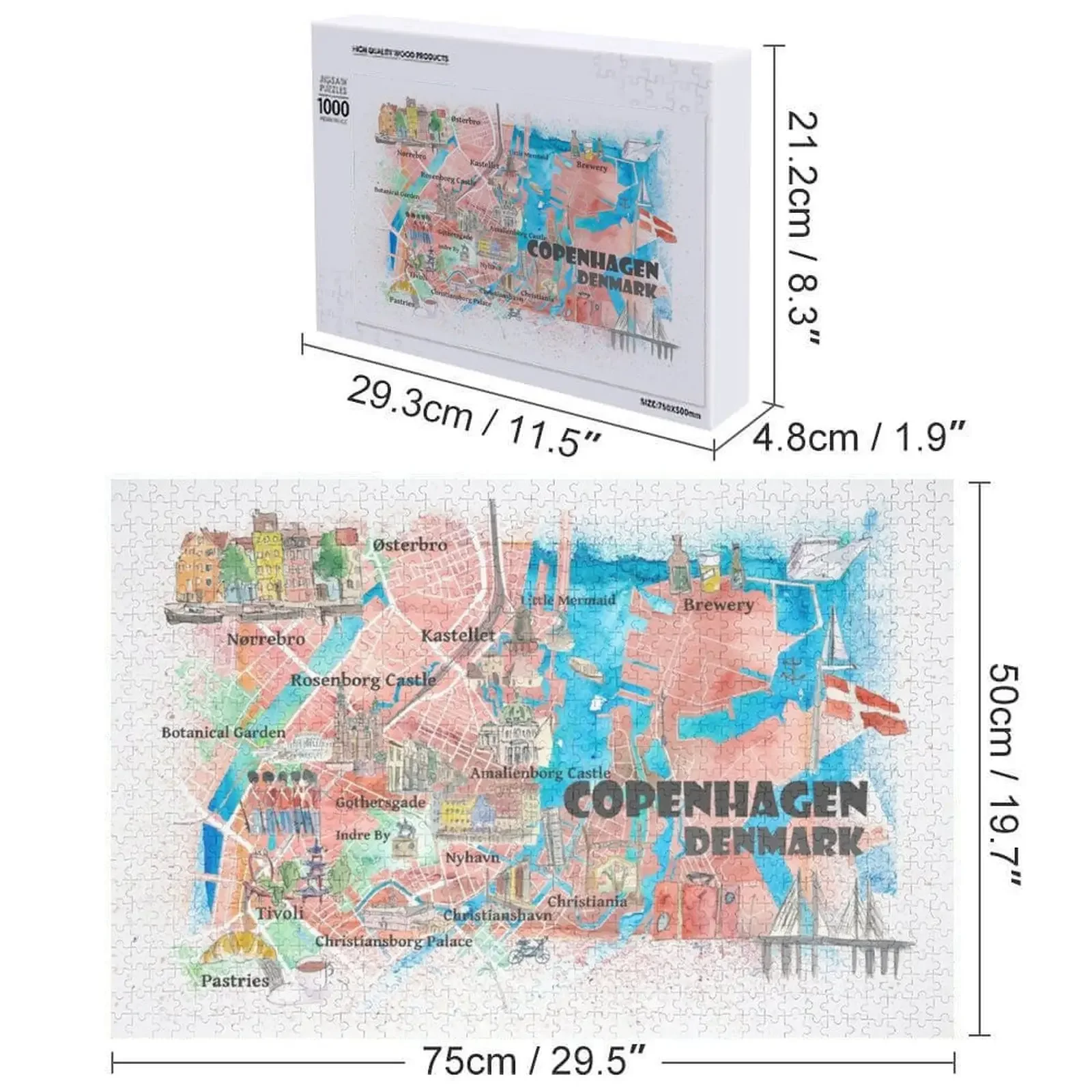 デンマークのコペンハーゲンのイラスト入り地図、主要道路、ランドマーク、注目の場所を示したジグソーパズル、アニメパズル