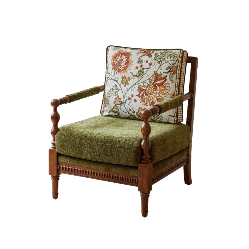 

American solid wood sofa living room leisure chair fabric French pewter single sofa chair