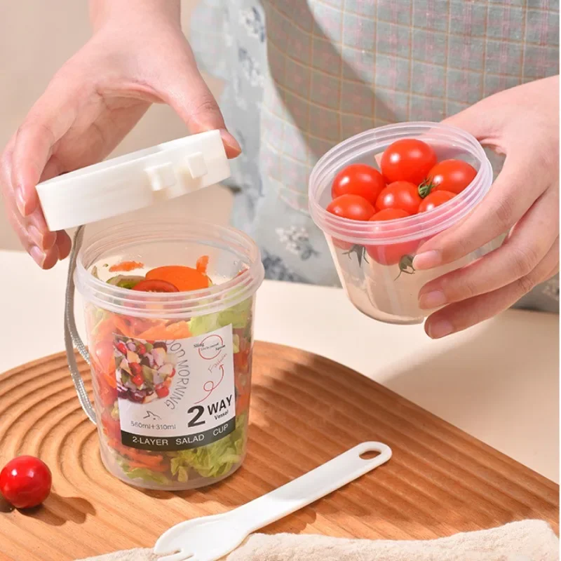 1Pc Breakfast Fruit Oat Yogurt Salad Cup With Lid And Spoon Two-layers Food Storage Bento Box Fitness Fat-Reduced Taper Bowl