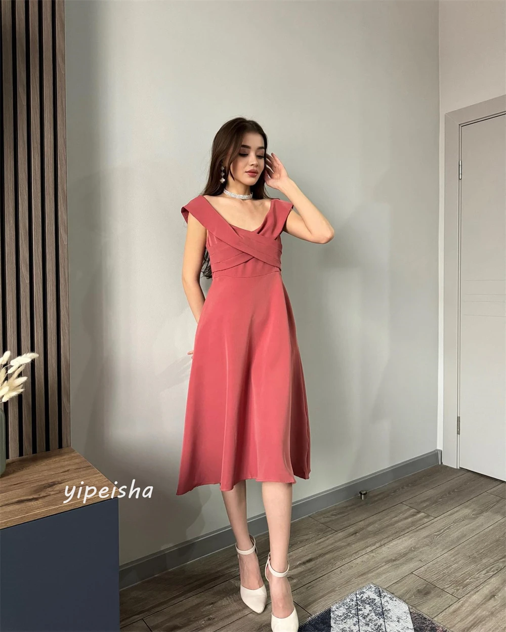 Jersey Ruched Celebrity A-line V-neck Bespoke Occasion Gown Midi Dresses