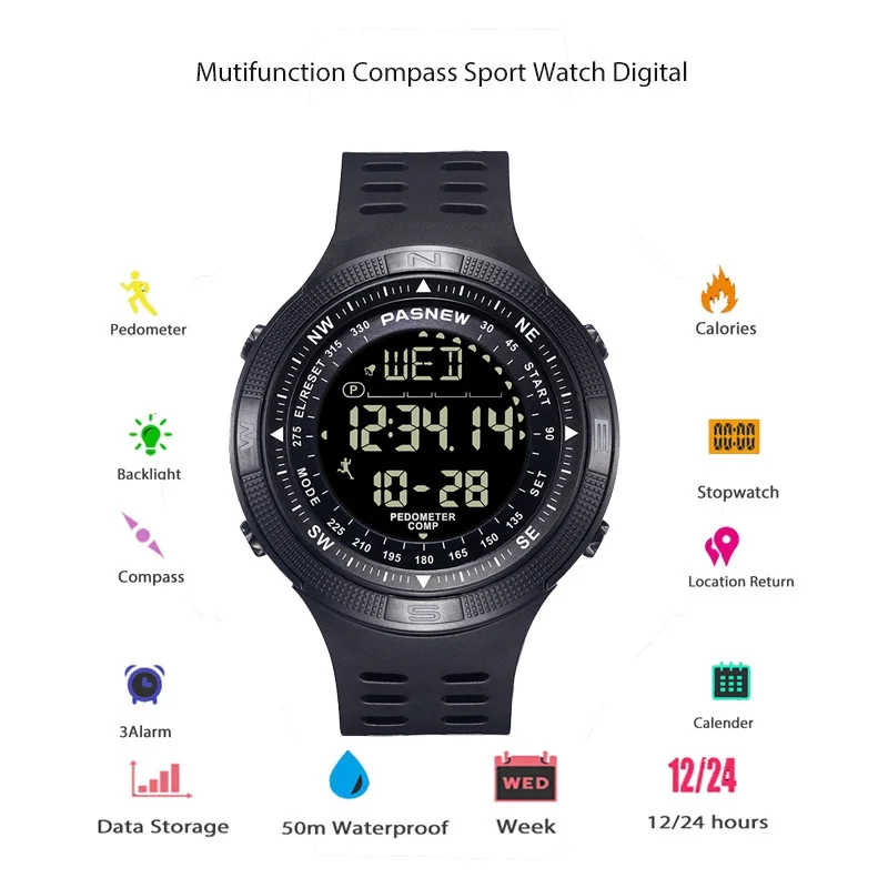 Reloj Digital militar resistente al agua con brújula para hombre, reloj de mano electrónico para buzo, reloj de pulsera deportivo multifunción grande para exteriores para hombre