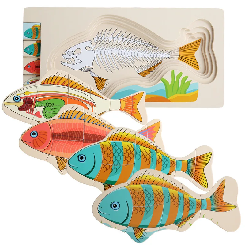 Montessori Fish Wooden Skeleton Multilayer Puzzle Animal Jigsaw Puzzles Fish Science Cognition Teaching Aids Educational Toys