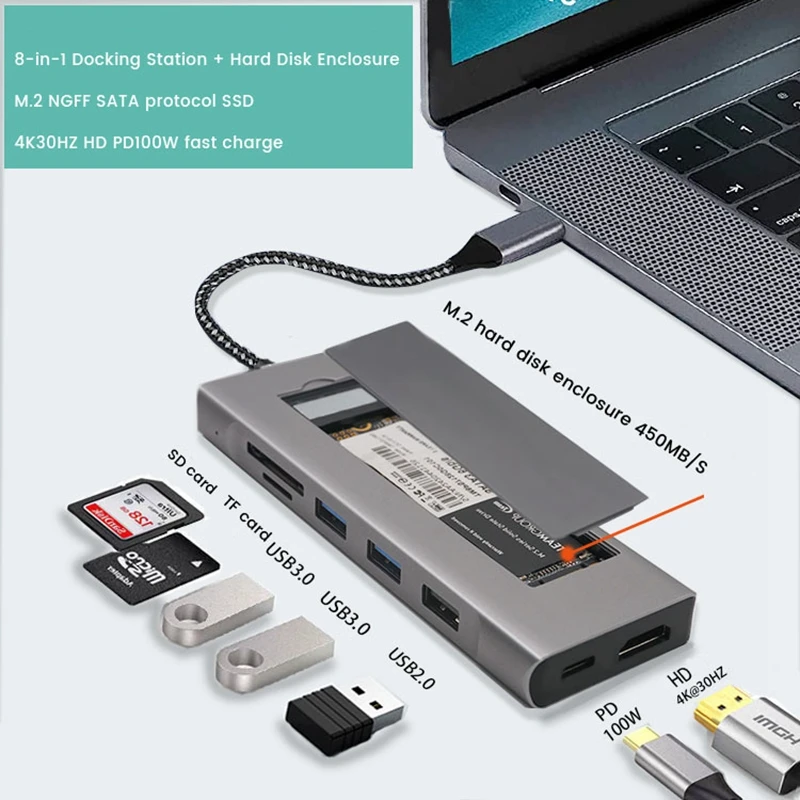 

8 In 1 USB C HUB 4K 30Hz To HD+M.2 Hard Disk Case +USB3.0X2+USB2.0+PD100W +SD/TF Card Docking Station