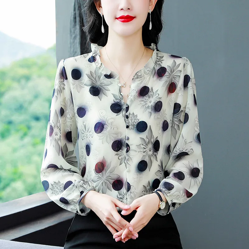 

Fashion Korean Style Chiffon Polka Dot Printed Long Sleeve Casual Women Blouse Shirt