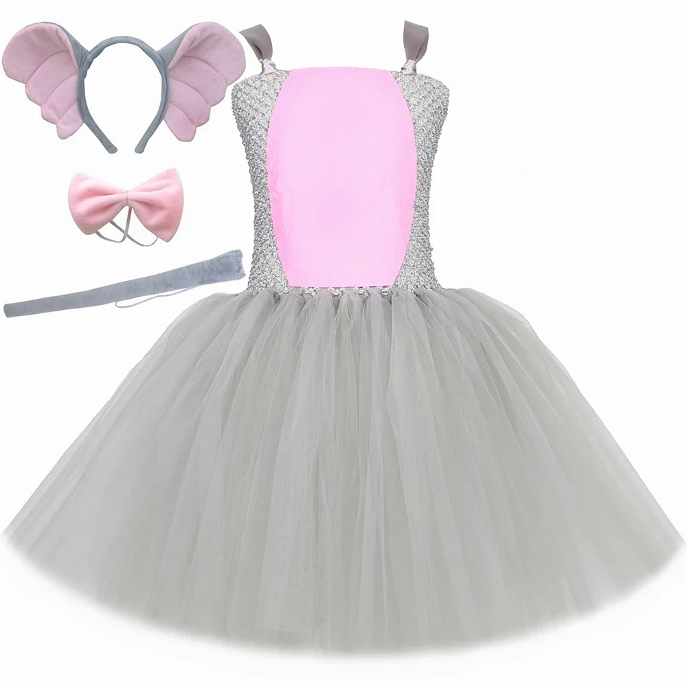 Toddler Girls Gray Elephant Costume Baby Girl Holiday Jungle Party Tutu Dresses Kids Halloween Animal Dress Up Clothes Outfits