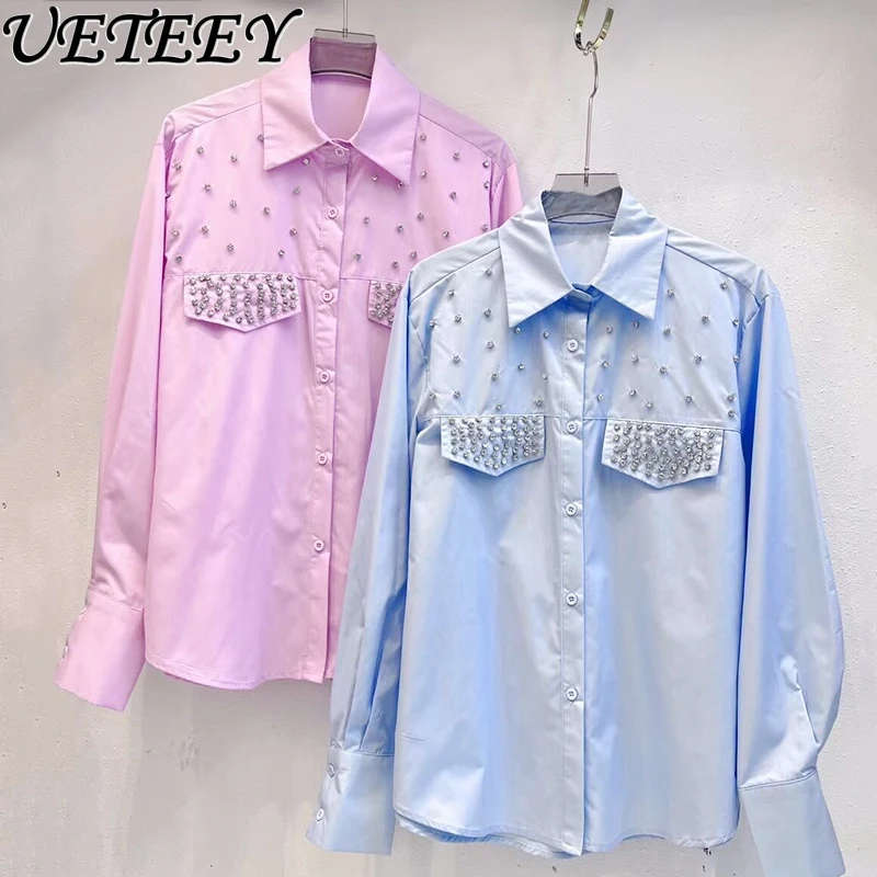 Exquisite Rhinestone Blue Long Sleeve Shirt New Women Summer Autumn New Niche Design Casual All-Match Loose White Blouse Tops