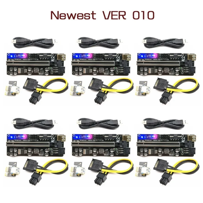 Top 6pcs Riser 010 USB 3.0 PCIE Riser PCI Express X16 Extender Adapter 010S Plus GPU Riser Card SATA 15pin to 6pin Power