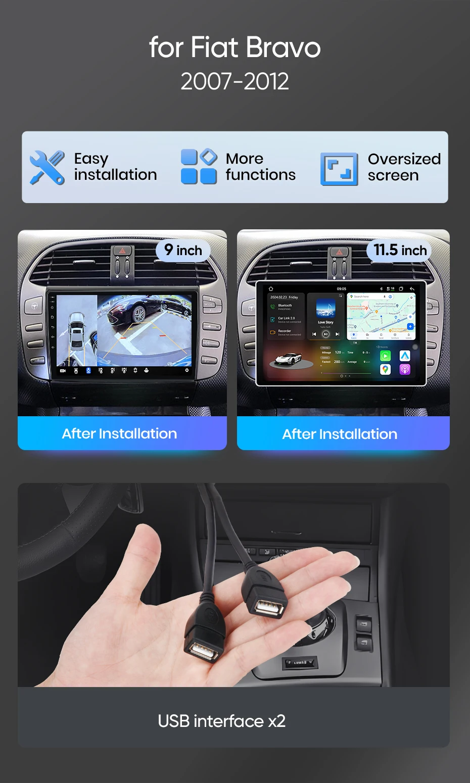 Junsun Android Auto Autoradio für Fiat Bravo 2007 2008 2009 2010 2011 2012 Multimedia Wireless Apple CarPlay Intelligente Systeme IPS Touchscreen Stereo Videoplayer 2 Din Autoradio Head Unit Navigation BT GPS 4G WIFI FM AM DSP RDS SWC – Detail 2