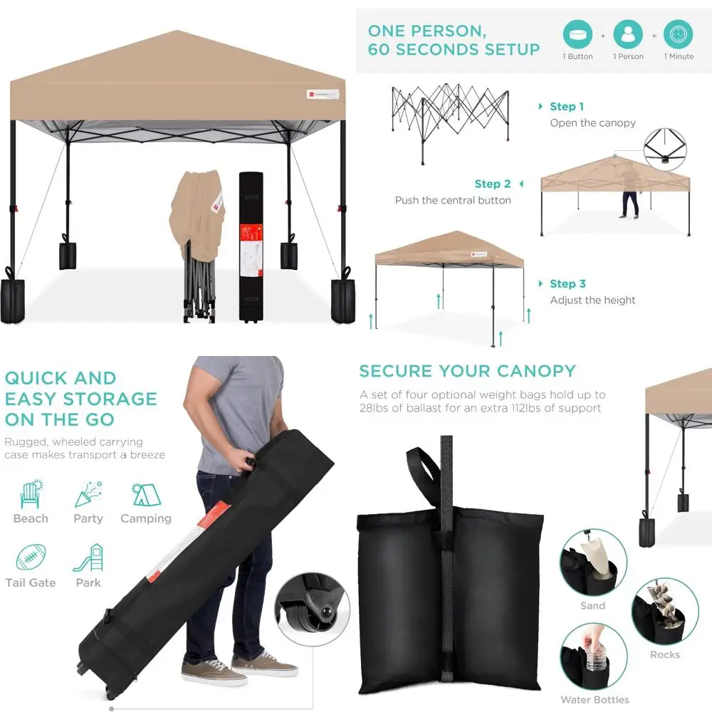 

Instant Portable 8x8ft Pop Up Canopy Tent for 1 Person with Easy Setup, Carrying Case, and 4 Weight Bags - Outdoor Shelter