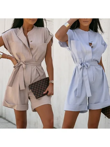 Rompers Jumpsuits Women One Piece Shorts Single Breasted Lace Up Round Collar Pockets Short Pants Summer Office Lady Playsuits
