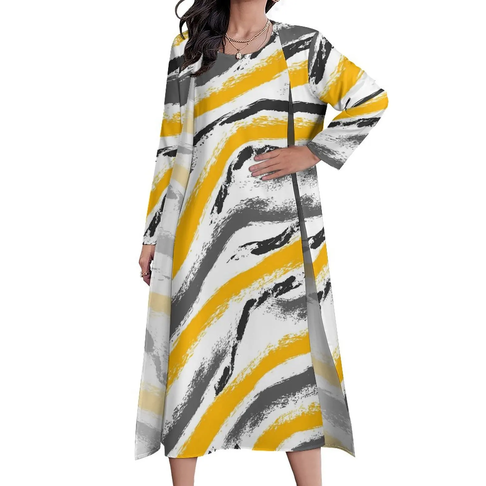 Abito strutturato a pennello Autunno giallo e nero Moda coreana Boho Beach Abiti lunghi Donna Grafica Abito maxi carino Taglia grande 4XL