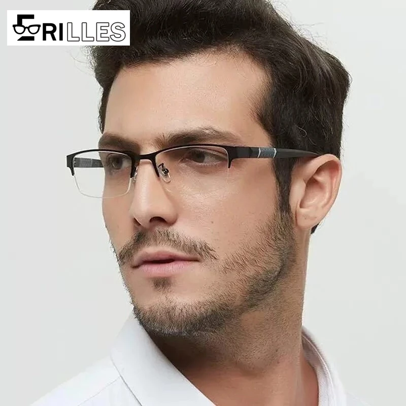 Photochrome Blaulicht-Brille für Herren, halbrandloser quadratischer Rahmen mit Blendschutz, Übergangslinsen für den Außen- und Innenbereich