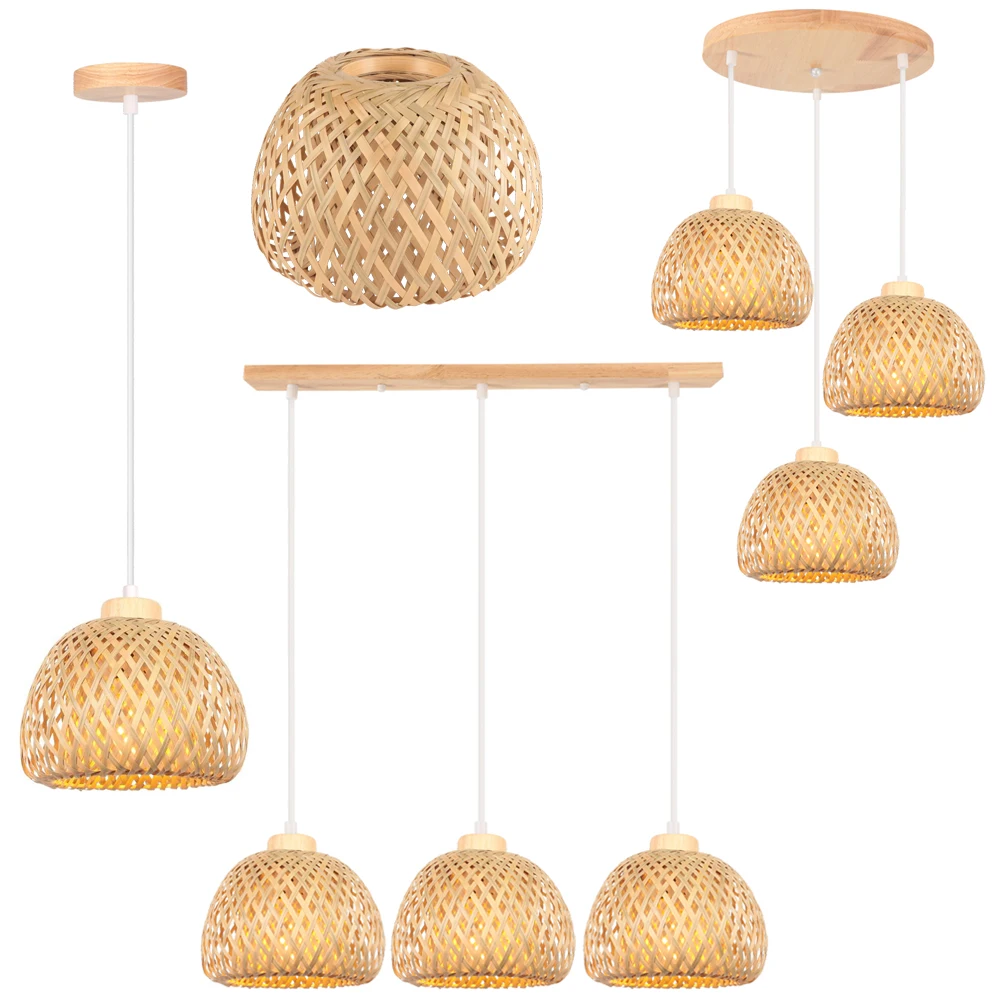 Vintage Bamboo Wicker Rattan Pendant Light Weaving Hanging Lamp Boho Ceiling Chandelier Lighting Living Room Kitchen Home Decor