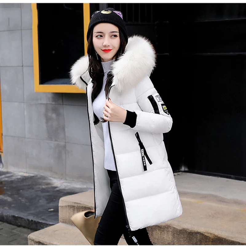 2023 Winter Women Solid Cotton Parkas Fashion Large Fur Collar Hooded Zipper Jacket Coats Office Ladies Thick Straight Parkas