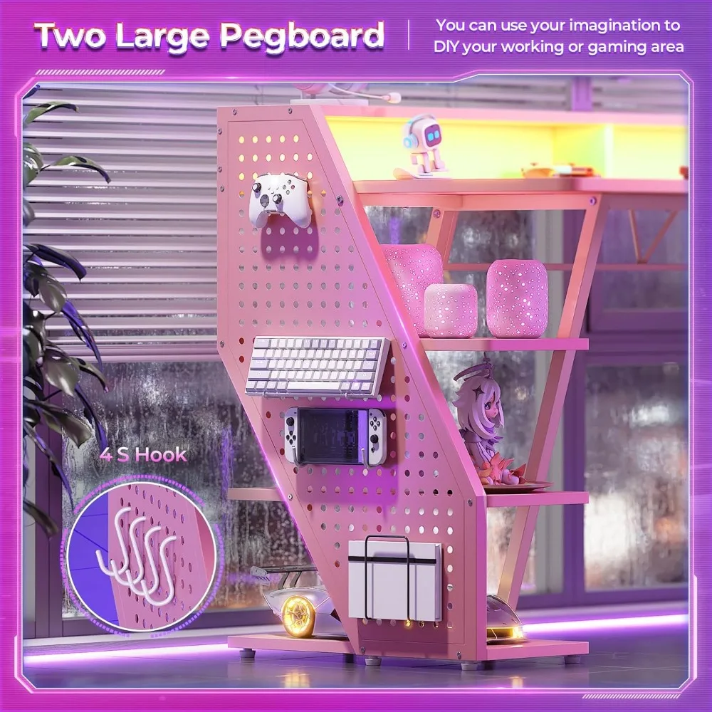 Gaming Desk 55'' with LED Lights and Storage Shelves, Computer Desk with Monitor Stand, Power Outlets and Pegboard, Large PC Ga