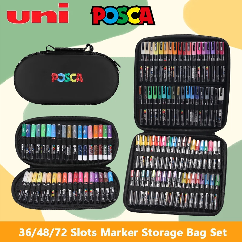 Uni Mark Pen Handbag/Colored Markers Storage Bag Set, 36/72 Slots for PC-1M 3M 5M, 48 Holders for All Posca, Graffiti Manga Kit