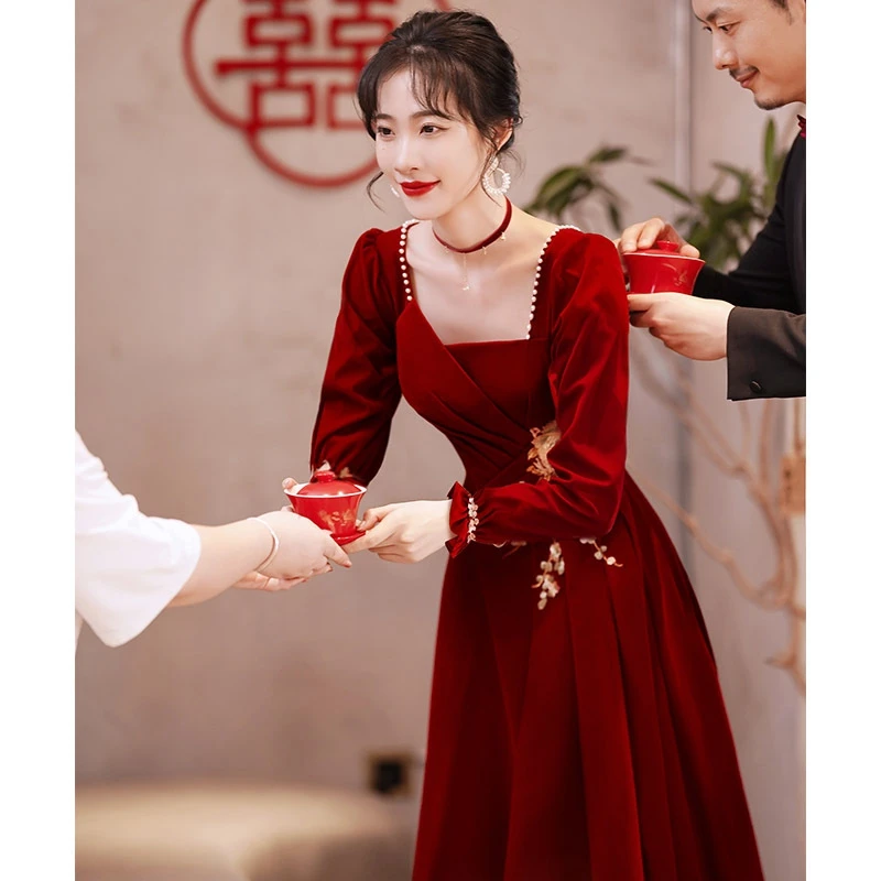 

Toast Dress Bride 2023 New Wedding Wine Red Evening Dress Female Chinese Temperament Autumn Banquet Evening Dress