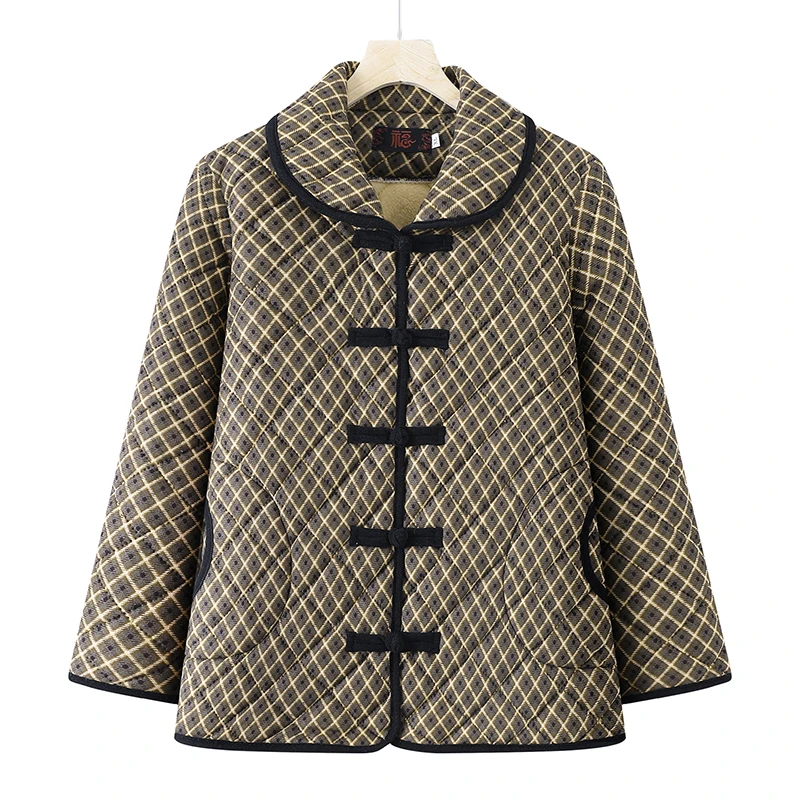 여성용 플리스 재킷 체크무늬 면 코트 중년 및 노년 어머니용 두꺼운 겨울 외투 플러스 사이즈 여성용