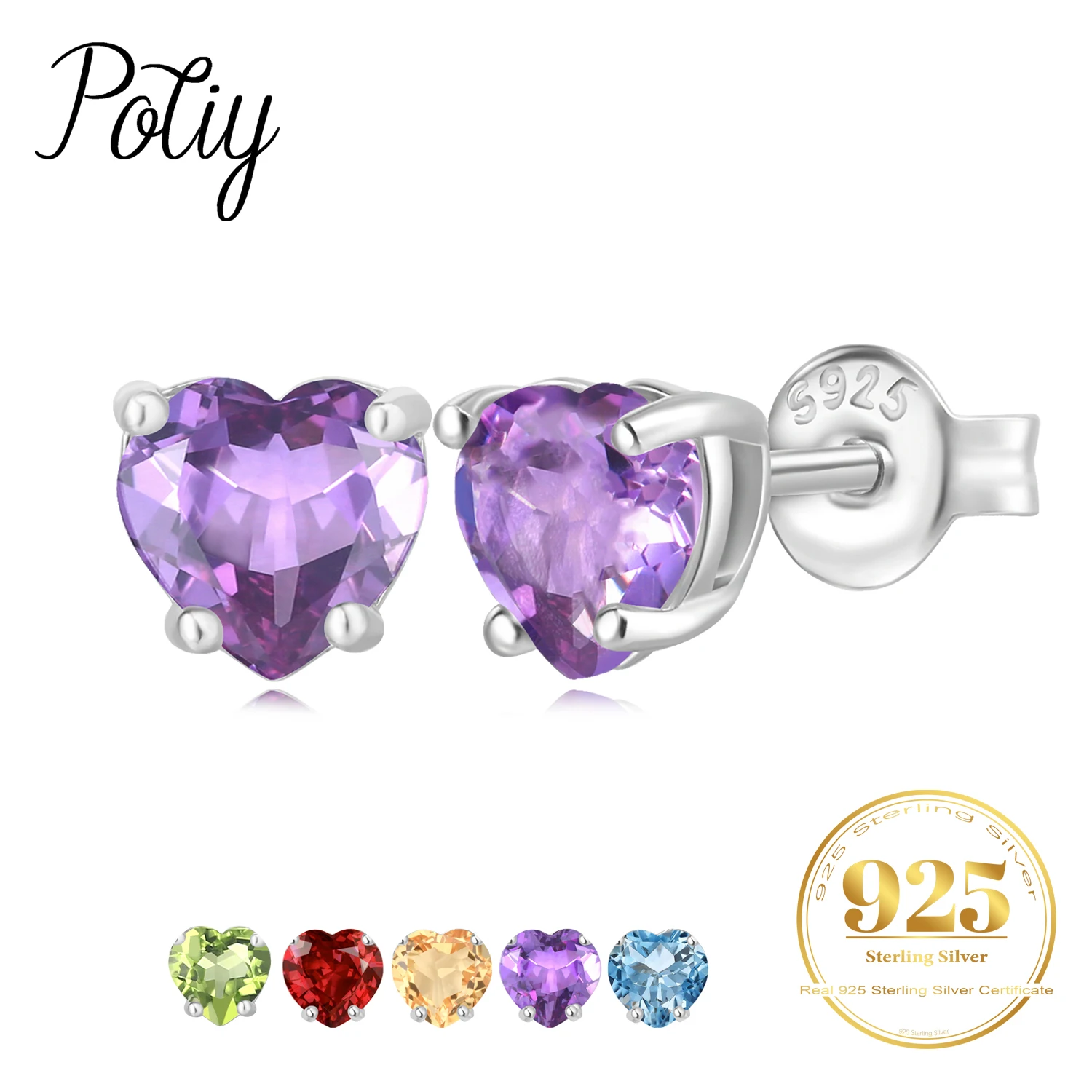 

Potiy Natural Heart Citrine Peridot Amethyst Garnet Sky Blue Topaz Stud Earrings 925 Sterling Silver Women Daily Party Jewelry