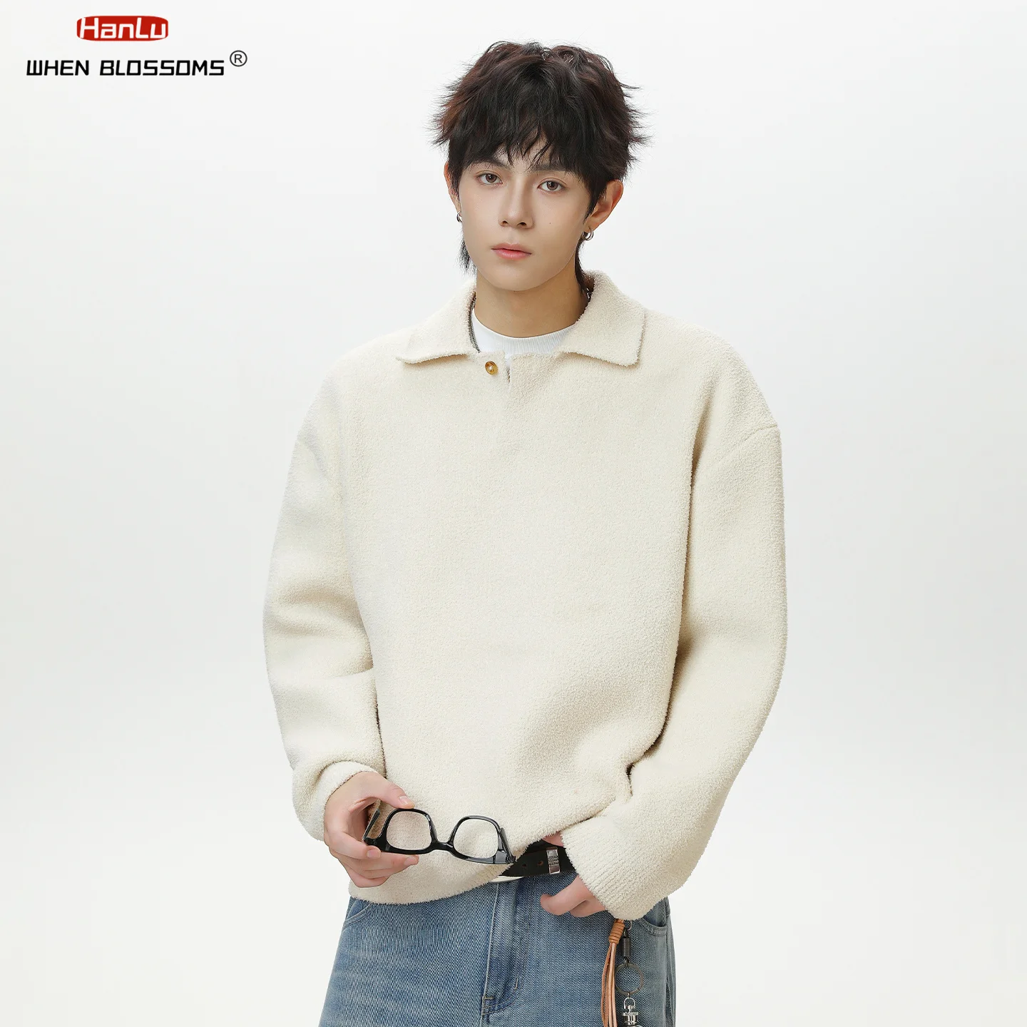 Hanlu 2025 Men's Vintage Half-Pile Sweater Seagull Collar Heavyweight Warm Knitwear Retro Business Casual Pullover