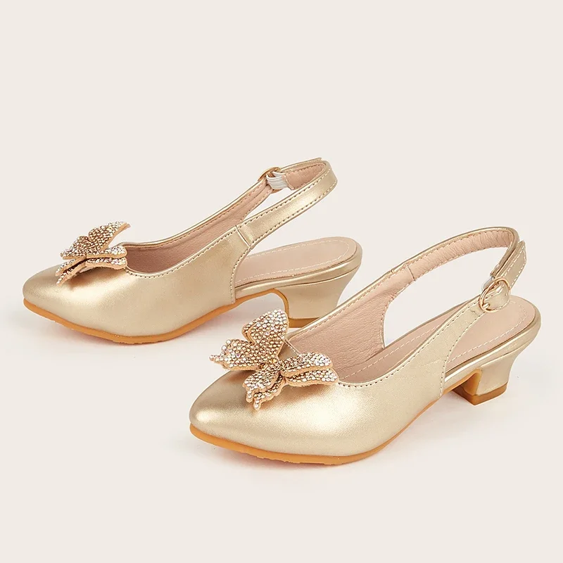 2025 New Girls' Princess Shoes Fashion Pointed-toe Rhinestone Butterfly Children's High Heels Girls' Sandals for Ages 7-12T