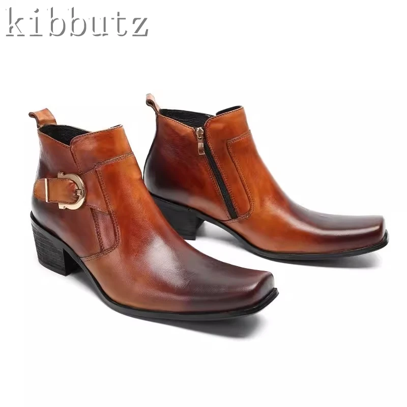 

Men's Leisure Belt Buckle Decor Short Boots Fashion Genuine Leather Square Toe Chunky Heel Zipper Dress Work Men's Shoes