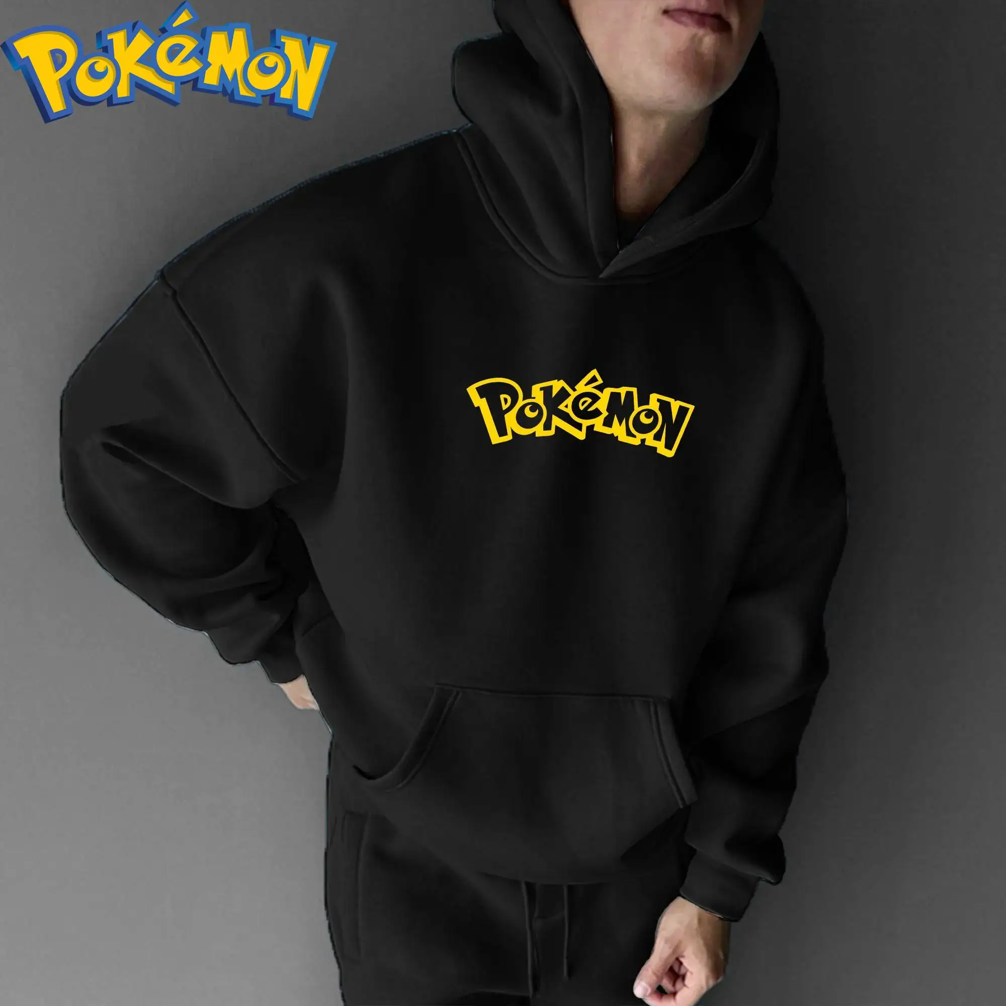 Pokemon Anime Pikachu Felpa con cappuccio in cotone Pantaloni Harajuku Set Stampa di caratteri gialli neri con design a cappello rosso Abito a due pezzi casual