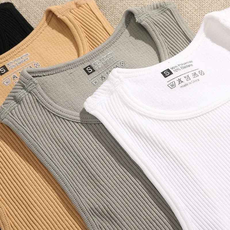 Débardeur de yoga pour femmes, court, Sexy, épaules dénudées, col rond, solide, côtelé, tricoté, gilet de Sport décontracté, Camisole élastique de base