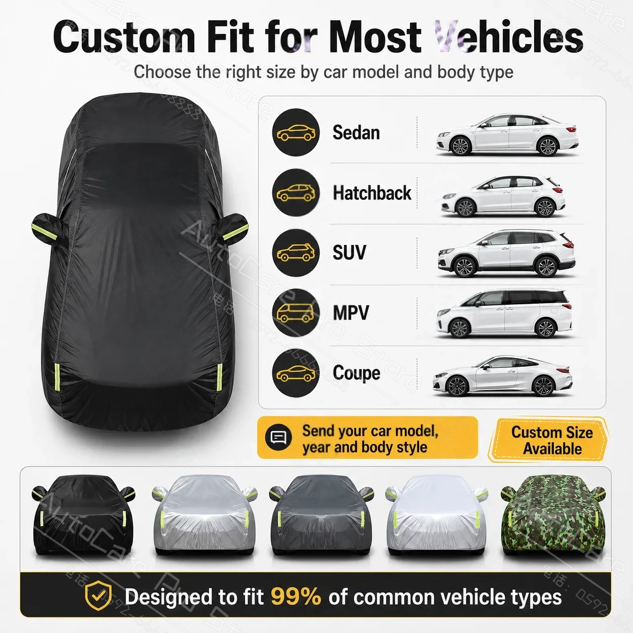 For Ford Taurus 2018-Present Custom Fit Full Car Cover Silver Coated Fabric Side Zipper Access UV Sun Dust Protection3