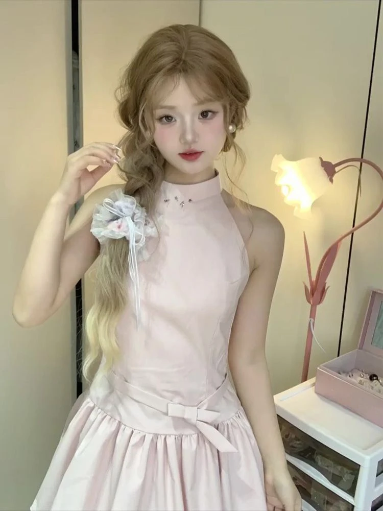 فساتين هاراجوكو للسيدات ذات رسن متين Y2k فستان حلو بحزام جمالي 2025 ملابس صيفية ضيقة مع رسن مطوي Vestitos