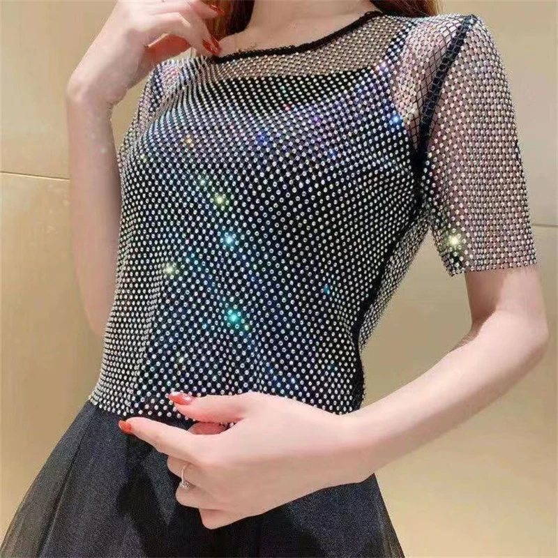 Oberbekleidung Damen T-Shirt 2026 Sommer Neue Damen Temperament Strass Rundhals Helles Sternenlicht Hohl Glänzendes Bodenbildungshemd – Detail 1