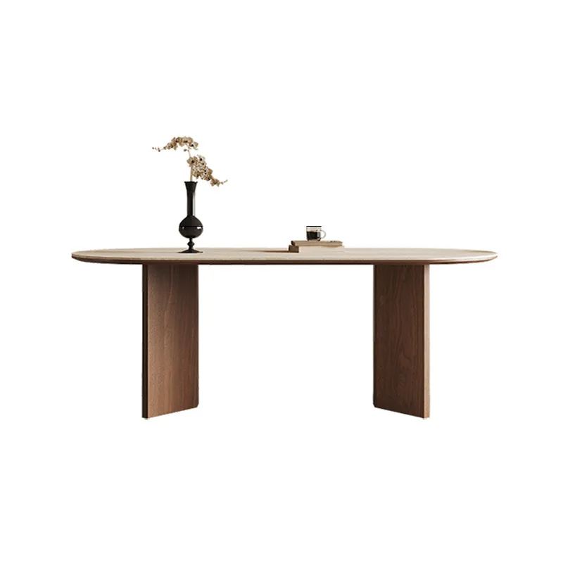 

French retro travertine rock slab dining table walnut solid wood feet round dining table household oval dining table and ch