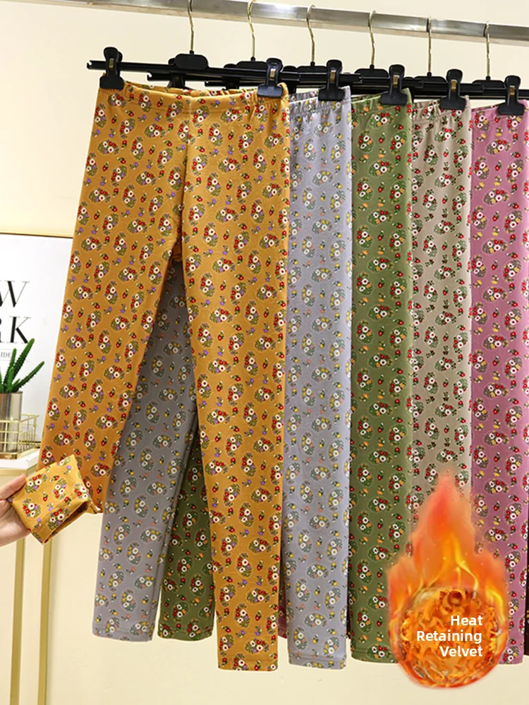 Warm Fleece Lined Trousers Elastic Waist Slim Fit Floral Print Large Size Base Layer Pants Autumn Winter Fashion Ladies