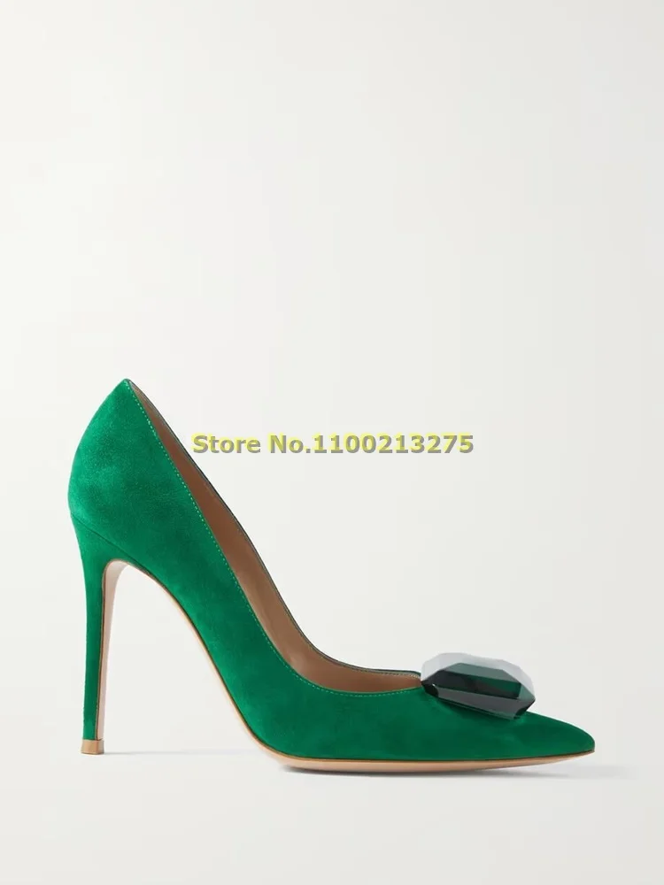 Suede Sharply Pointed Toes Pumps Exaggerated Emerald Embellishments Shallow Slilp On Women High Heels Spring Summer Shoes