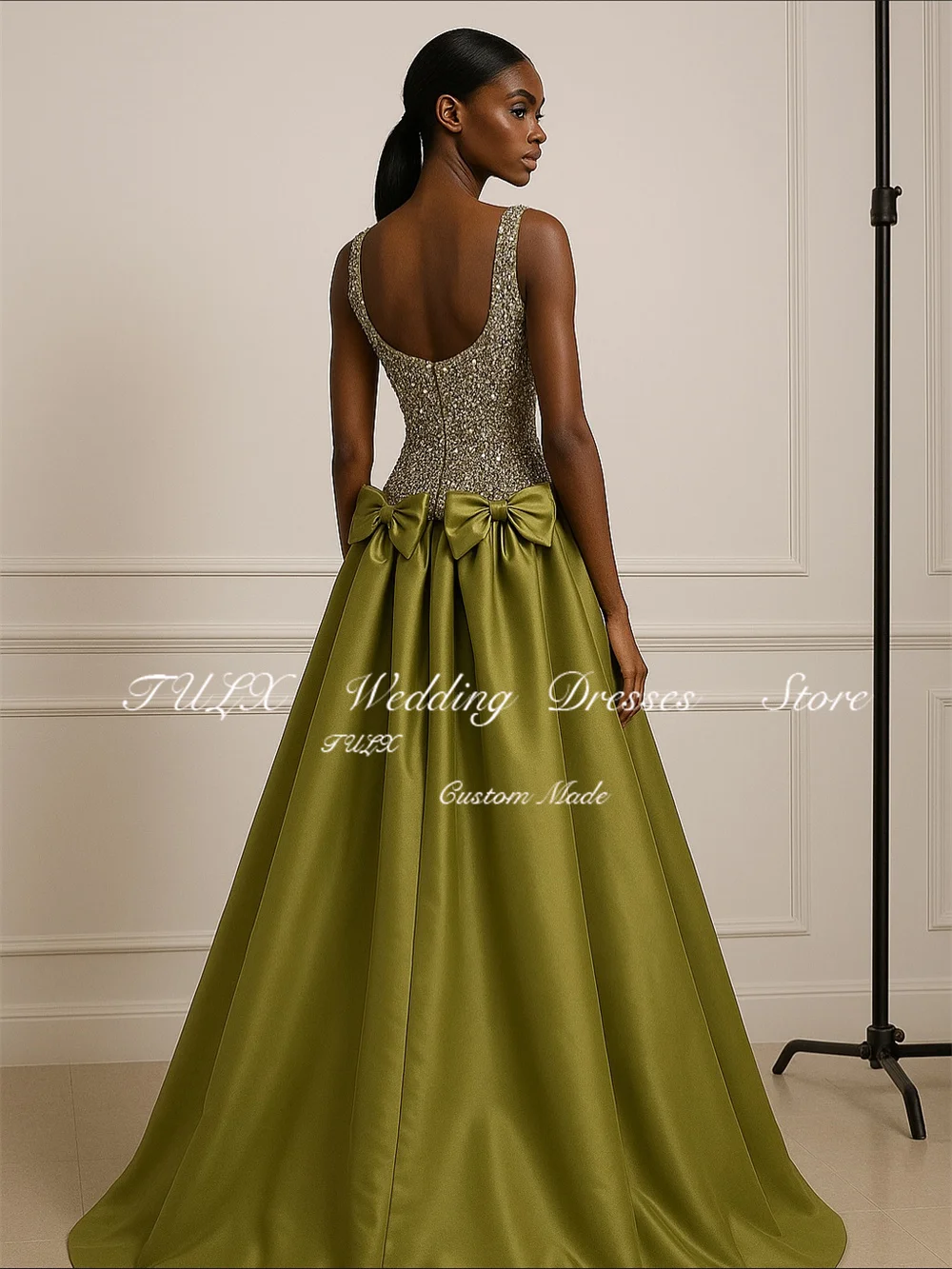 فستان سهرة فاخر مطرز سباركلي من TULX برقبة دائرية وحزام عربي للحفلات خط طويل من الساتان مناسبة رسمية مخصصة 2026 #4