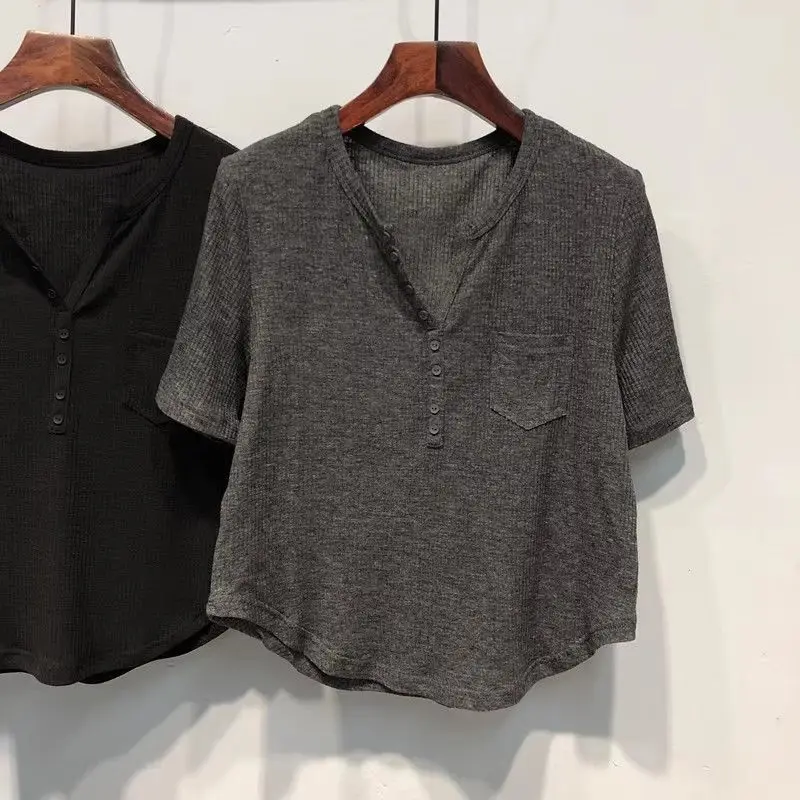 Pocket Patchwork Simplicity Street Casual Tops Tees New Women Clothing Short Sleeve Solid Fashion T Shirts Korean Trend Summer